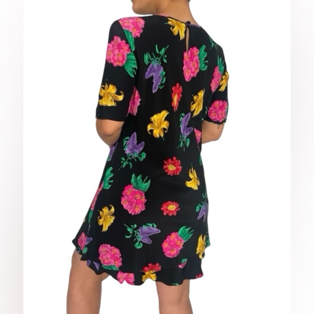 Vintage Liz Claiborne Black Floral Ruffle Hem Dress Short Sleeve Size 12 - Picture 4 of 12